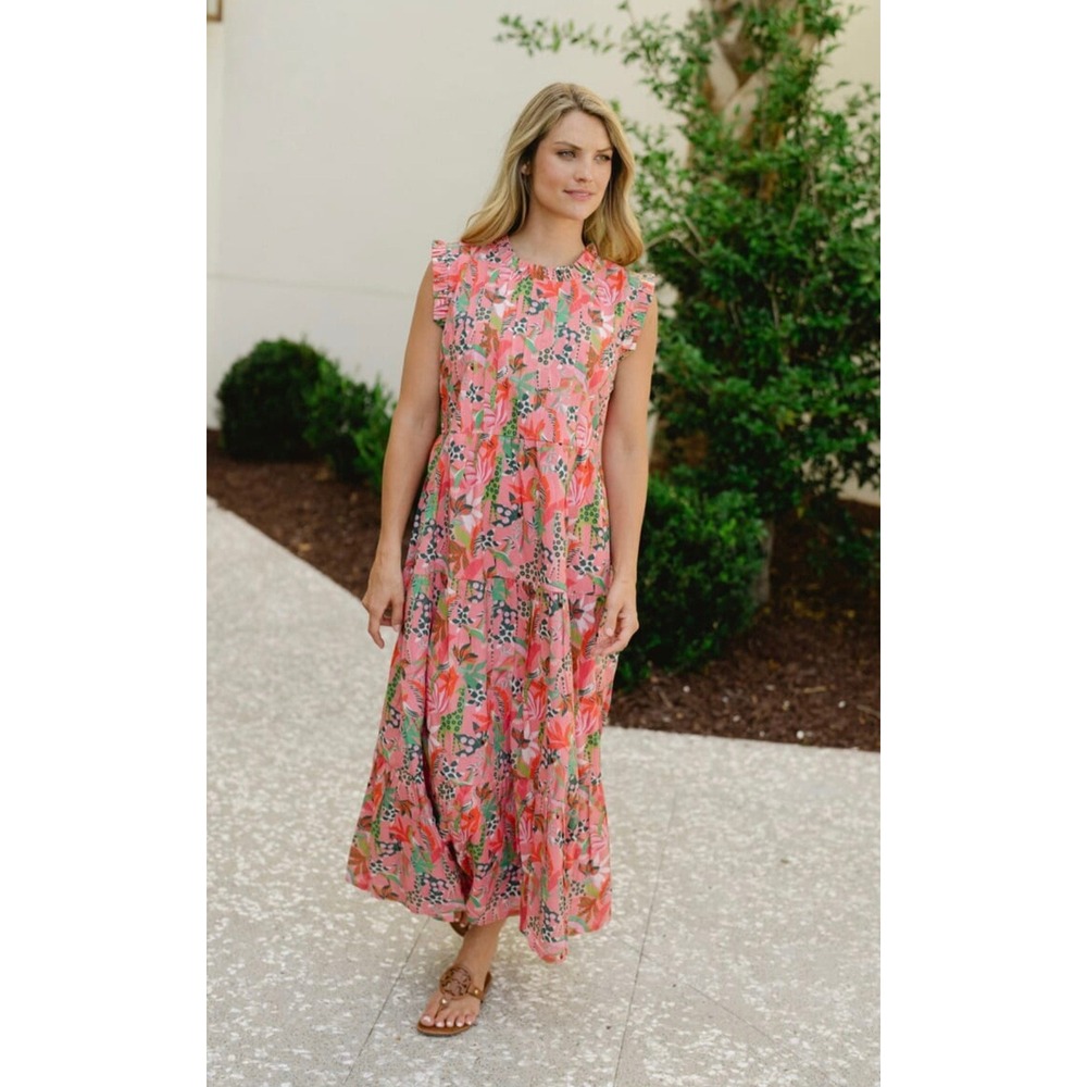 Briton Court Maxi Dress Women M Pink Cotton Boho Tropical Jungle Tiered Floral